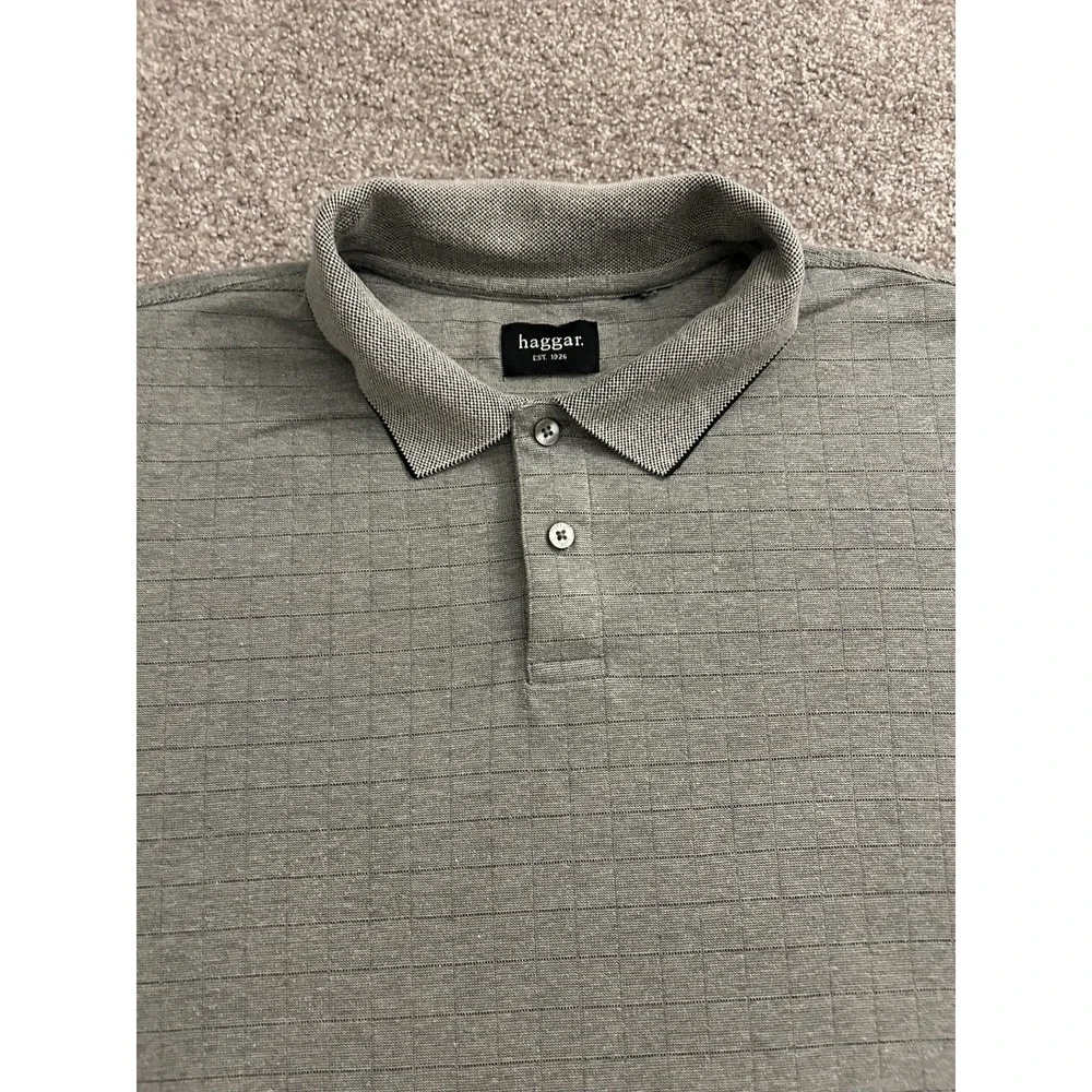 Haggar Polo Shirt Mens XL Grey Excellent Textured‎ Grid Short Sleeve Casual Top